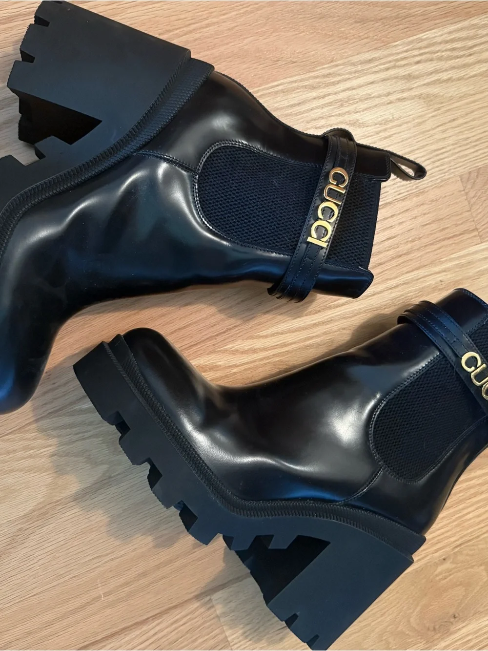 Gucci Cara Logo Boot, Leather Lug Sole Ankle Boots with Gold Logo Strap - Picture 1 of 7